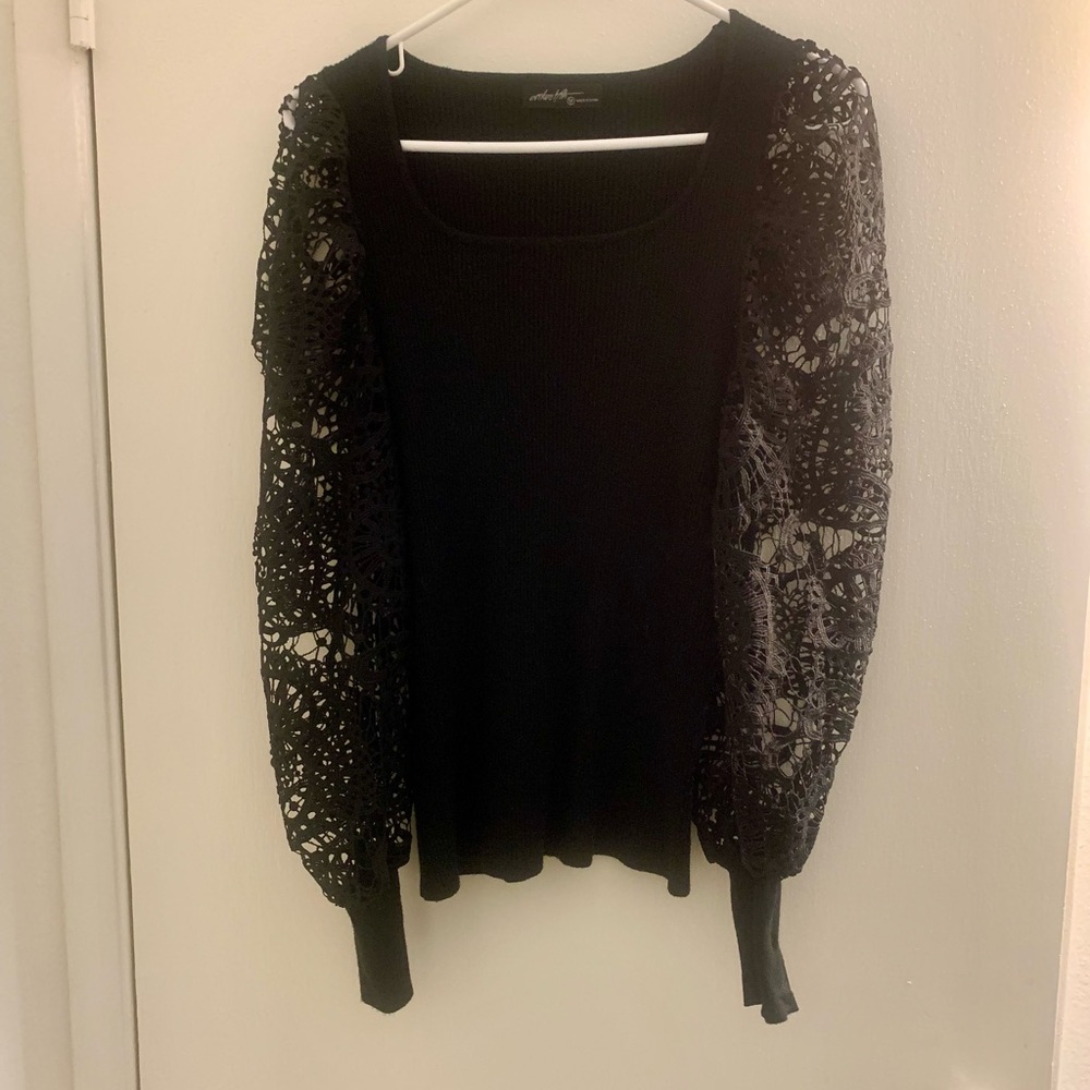 Black Knit Boho Sweater with crochet sleeves